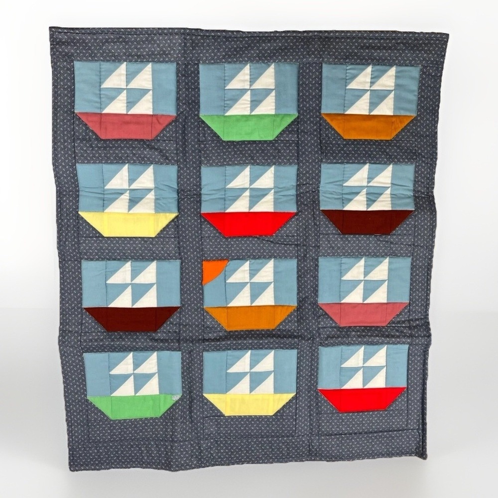 Vintage Sailboat Baby Doll Quilt Nautical Hand Made Grandmothers Granny's 90's
